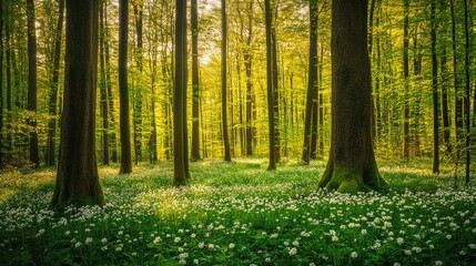 A vibrant spring forest, with fresh green leaves emerging on the trees and wildflowers carpeting the forest floor.