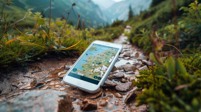 A mobile device rests on a rocky trail while displaying detailed mountain routes in a picturesque, green environment - Powered by Adobe