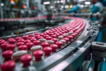 Obraz premium Modern facility engaged in the production of medicines, where pink and white tablets are seen moving along an automated conveyor belt