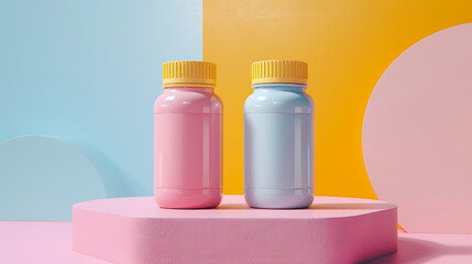 Two colorful bottles with yellow lids sit on a pink platform against a backdrop of blue, yellow, and pink.