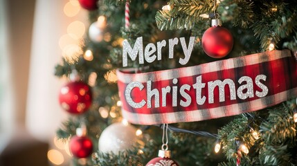 A festive and elegant Christmas tree adorned with red plaid ribbon, sparkling lights, and glittery ornaments in various shapes including stars, balls, and letters that spell out "Merry christmas"