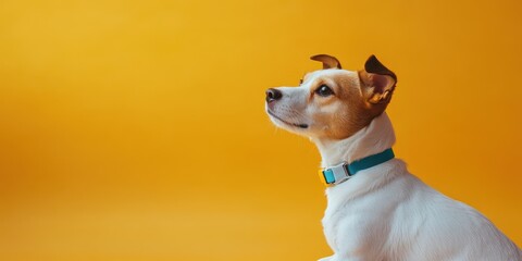 A cute dog with a happy expression poses against a vibrant yellow background, showcasing its playful and friendly nature.