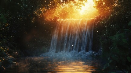 A waterfall at sunrise, with the early morning light casting a warm glow over the scene, creating a peaceful and reflective atmosphere.