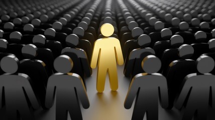 Fototapeta premium A single golden figure stands out among a crowd of black figures, symbolizing uniqueness and individuality in a sea of anonymity