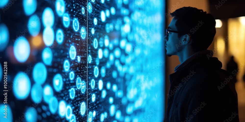 Poster a person engaged in digital exploration, captivated by vibrant abstract patterns on a large screen, 