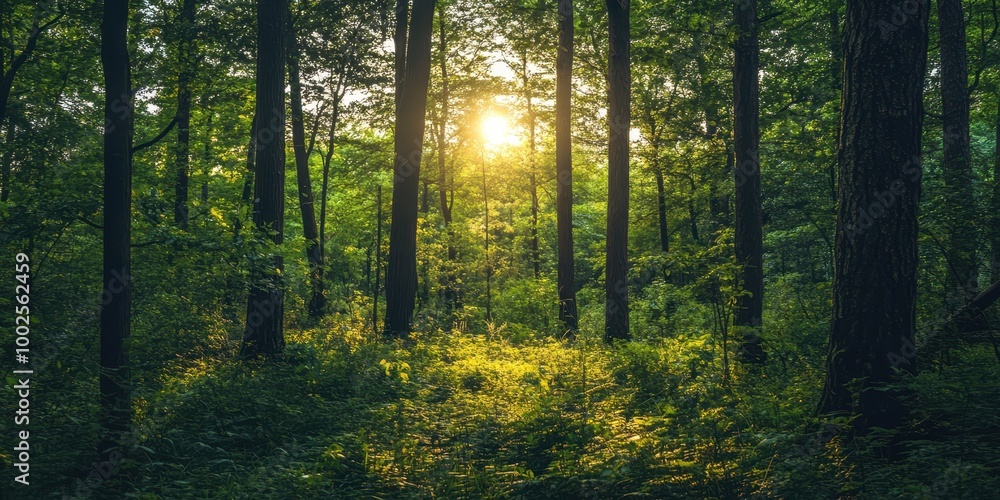 Poster A serene forest scene with sunlight filtering through lush trees, creating a tranquil atmosphere perfect for relaxation and nature exploration.