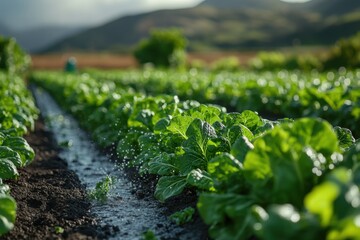 Vibrant Green Lettuce Fields in a Serene Mountain Setting