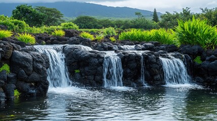 Fototapeta premium A waterfall cascading over black volcanic rocks, with lush green plants growing in the cracks, showcasing the contrast between life and rugged terrain.