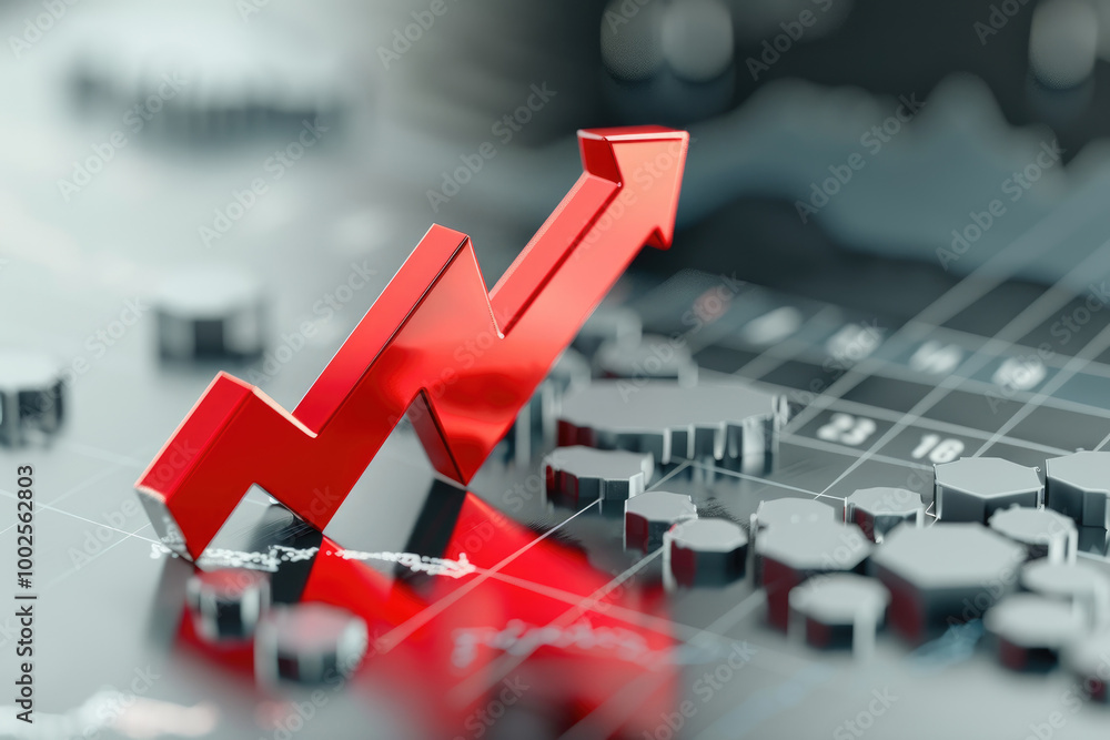 Poster a histogram with a red arrow going up symbolizing business growth