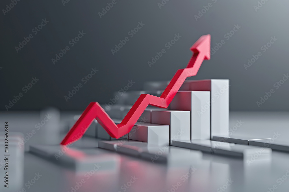 Poster a histogram with a red arrow going up symbolizing business growth