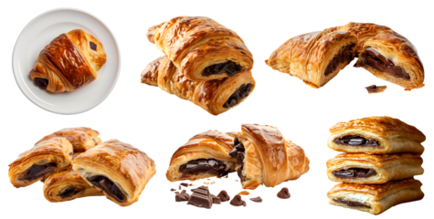 Pain au chocolat, chocolate croissant, couque au bread on transparent cutout, PNG file. Many assorted different design angles, stack, broken, plate, top view. Mockup template for artwork design
