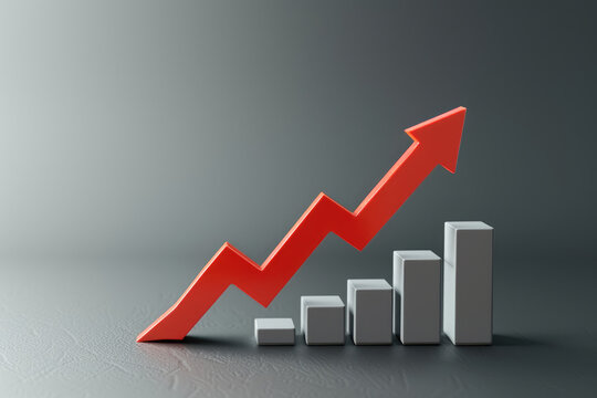 a histogram with a red arrow going up symbolizing business growth