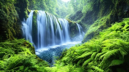 Fototapeta premium A waterfall surrounded by bright green ferns and moss, creating a lush and vibrant scene perfect for showcasing the beauty of natural ecosystems.