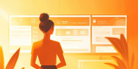 A woman gazes at dual computer screens, illuminated by warm light, embodying modern technology and focused work.