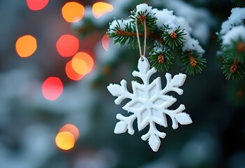 Fototapeta premium Snowflake Ball Ornament Hanging on a Fir Branch Festive Winter Christmas Tree Decoration