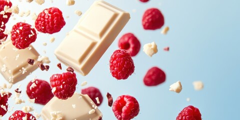 Delicious white chocolate pieces and fresh raspberries create a visually stunning dessert scene...