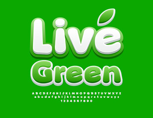 Vector eco template Live Green. Cute White and Green Font. Bright Alphabet Letters and Numbers.