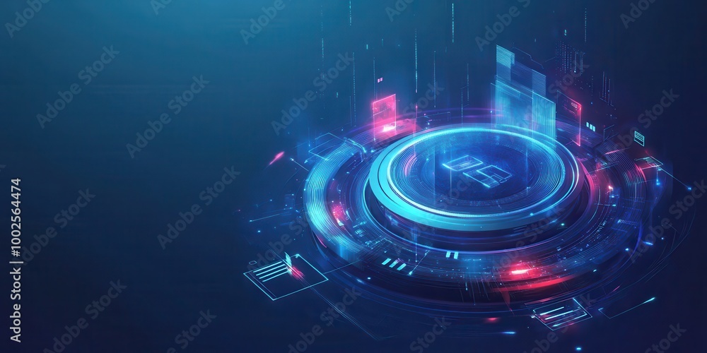 Poster futuristic digital interface with glowing elements and data visualization for technology and innovat