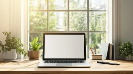 Fototapeta premium Minimalist Laptop Workspace on Wooden Desk