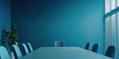 Modern conference room with a blue wall, sleek table, and chairs - perfect for meetings and collaborative work.
