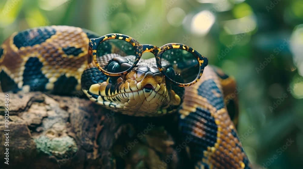 Poster coiled reptile with patterned glasses resting on tree branch in rainforest setting