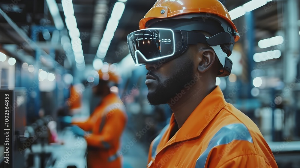 Poster factory workers using augmented reality glasses to assemble complex machinery with real time instruc