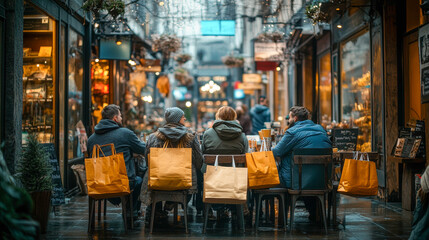 Friends Relaxing After Shopping in a Cozy Outdoor Cafe