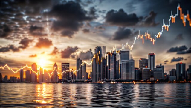 Miami Skyline at Sunset with Stock Chart Overlay in the Sky






