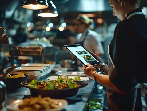 Restaurant Staff Using Digital Tablets for Order Taking and Menus Streamlining Service and Customer Experience
