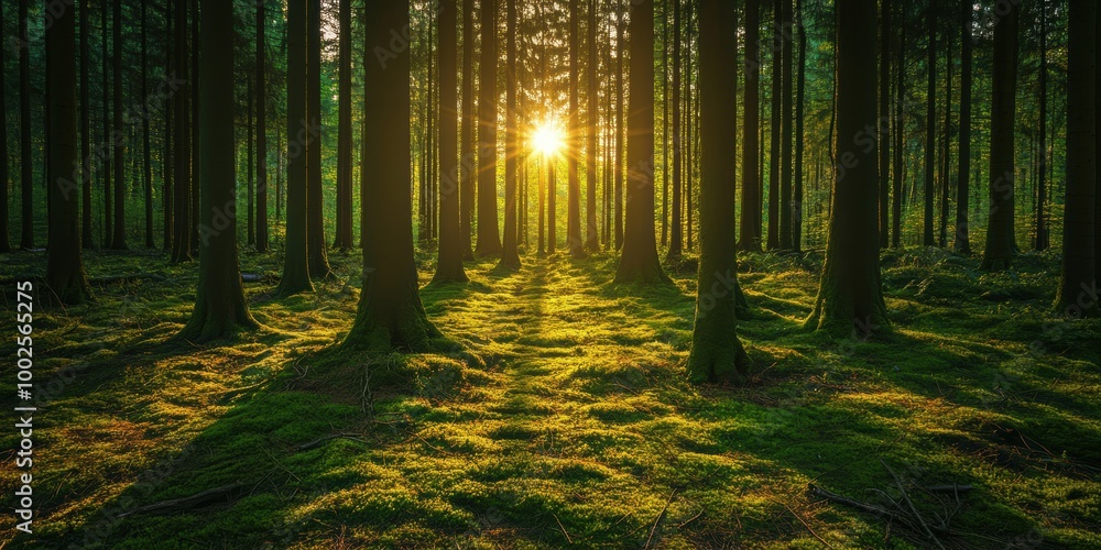 Poster sunlight filters through tall trees in a serene forest, creating a tranquil atmosphere with lush gre