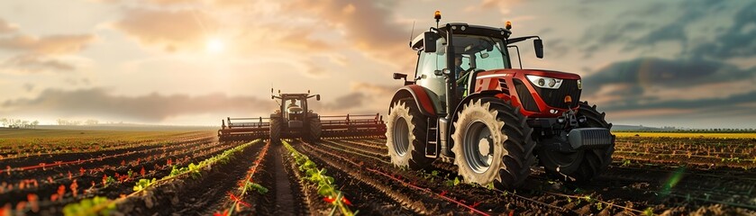 Fototapeta premium GPS Guided Tractor Optimizing Precision Agriculture on Rural Sunset Landscape