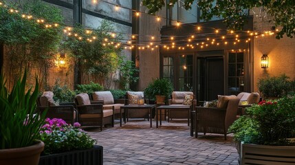 Cozy Outdoor Patio with String Lights at Night
