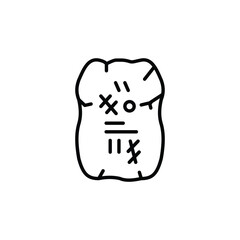 Ancient scroll icon. Minimalist line art of a weathered ancient map or scroll, featuring symbols and markings, ideal for archaeology, history, or adventure-related designs. Vector illustration.