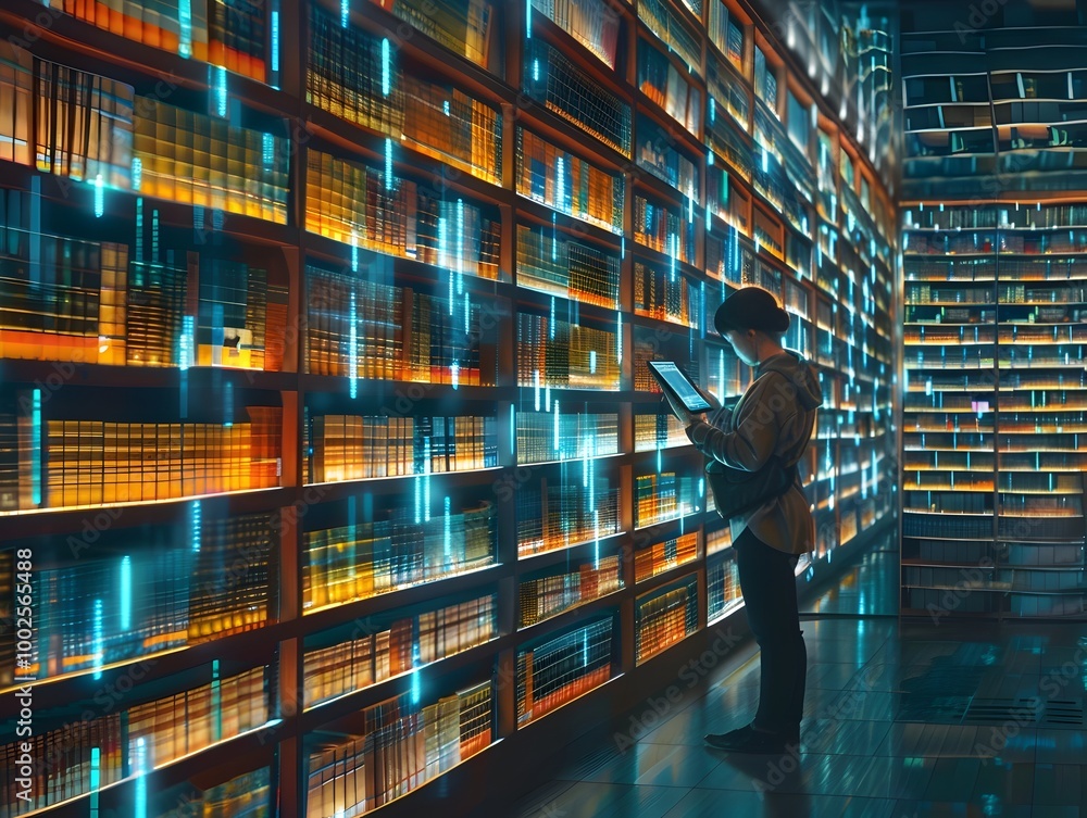 Poster digital library workspace with glowing shelves and e readers providing access to electronic resource