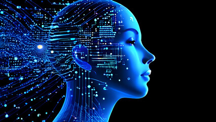 Visually represent the flow of data or light in the form of a human, Add digital patterns or flows around the head to make it look like the AI ​​is understanding human thoughts.