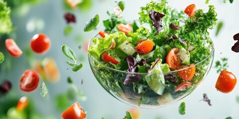 Vibrant salad with fresh greens and tomatoes, captured in mid-air for a dynamic and healthy food presentation.