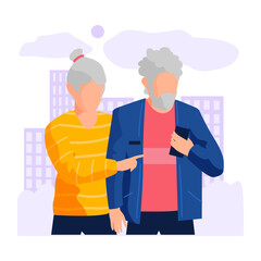 Old people standing outdoors, with one person pointing at something on the other persons mobile device. Ideal for themes of senior companionship, technology, urban life, retirement, and active aging