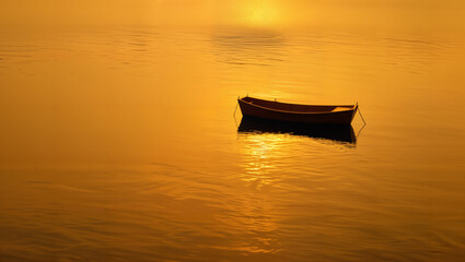 A lone boat on calm waters, the simplicity of the scene accentuated by the golden hues