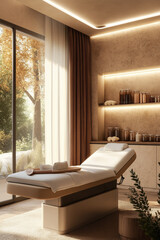A cozy room with a massage table and soft lighting, overlooking an autumn scenery through a large window
