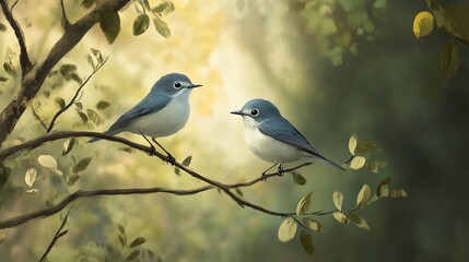 Obraz premium Blue-gray Gnatcatchers perch gracefully on the branches of a tree, showcasing their delicate features and lively demeanor.