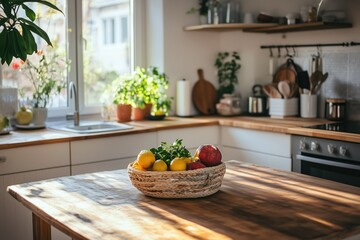 A modern kitchen with wooden shelves and a basket of fresh vegetables on the counter