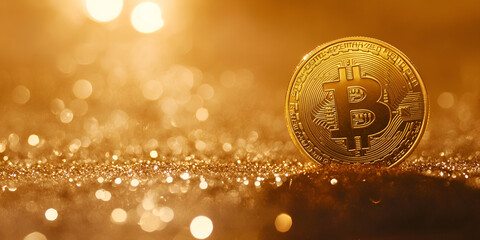Bitcoin Coin on Glitter Background