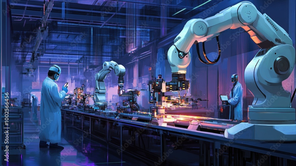 Poster An industrial robotics lab, with scientists and engineers testing new automated technologies on a prototype assembly line.