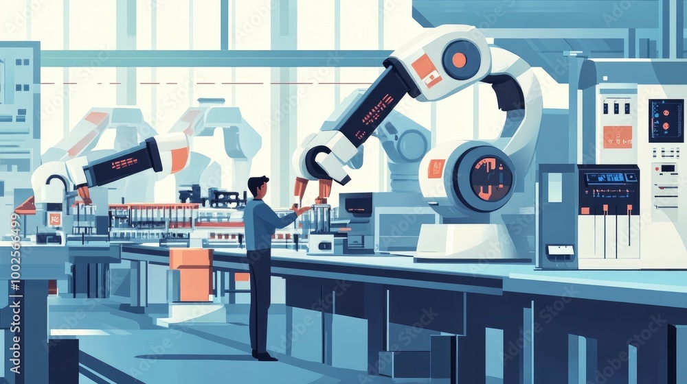 Poster An industrial robotics lab, with scientists and engineers testing new automated technologies on a prototype assembly line.