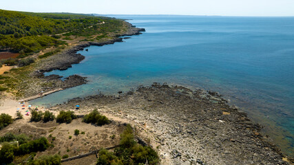 Aerial view of the rocky beach of Serra Cicoria, in the municipality of Nardò, in the Province of...