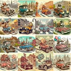 Funny cartoon cars in city. AI generated illustration