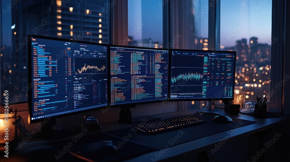 Poster an investors desktop with multiple monitors displaying stock prices and financial news. -