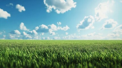 An expansive empty grass field stretches out under a clear blue sky, creating a tranquil and open landscape.