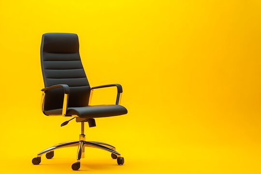 Modern office chair on yellow background. Space for text