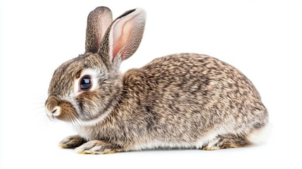 Fototapeta premium A grey rabbit is gracefully positioned against a white background, showcasing its soft, velvety fur and expressive features.